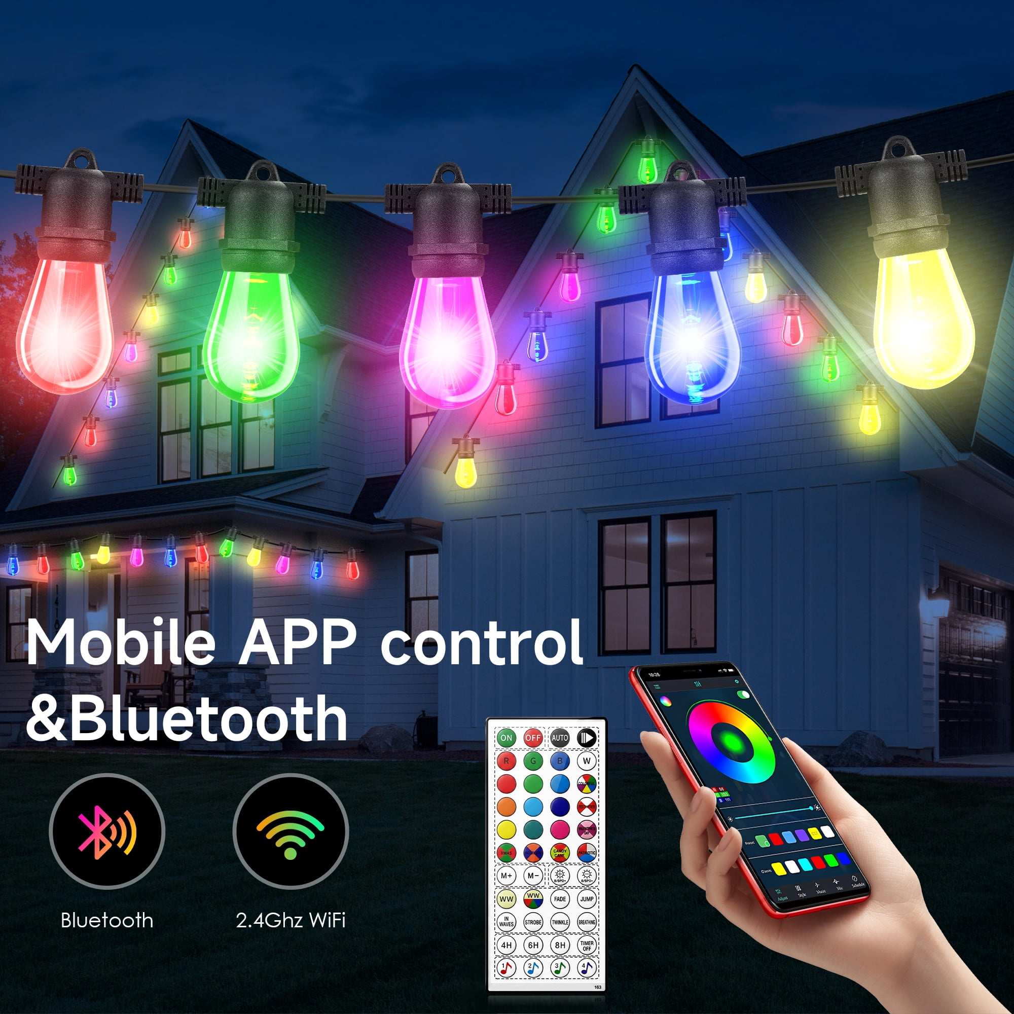 DAYBETTER Outdoor String Lights, 48FT Smart RGBIC Patio Lights, 15 Shatterproof Bulbs, Remote & App Control, for Garden Christmas Decor