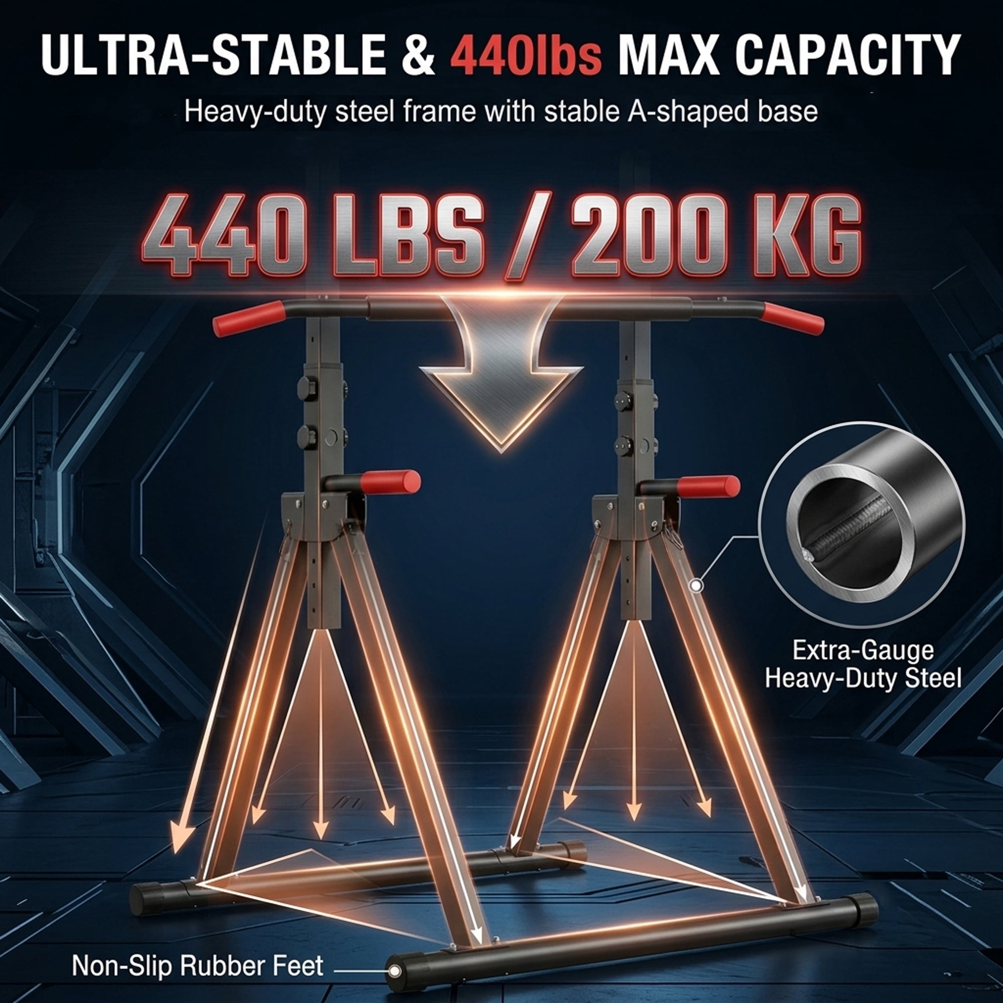 Leumius Foldable Pull Up Bar Standing Power Tower,Multi-Function Dip Station, 6-Level Adjustable Height Strength Training Fitness Equipment for Home Gym,440lbs Max,Black+Red