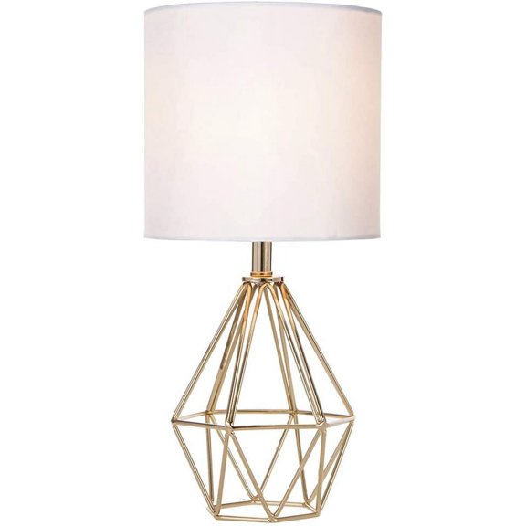 Gold Modern Hollow Out Base Bedroom Small Table Lamp,Bedside Nightstand Lamp with Geometric Metal Base White Fabric Shade,Cute Desk Lamp for Kids Living Room