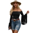 thumbnail image 2 of Womens T Shirts Classic Retro Long Sleeve Off Shoulder T Shirt with Fringe Basic Tees for Women Black L, 2 of 6