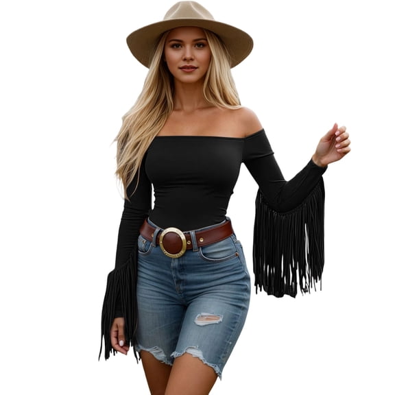 XIYON Womens T Shirts Western Fringe Fitted Tee For Fashion Soft Comfortable Stretchable Daily Wear Vacation Outfits