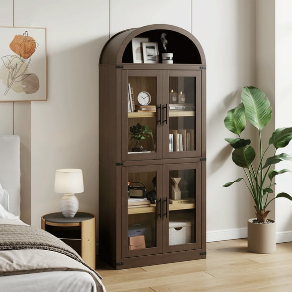 Modern Arched Door Bookcase, 5 Tier Farmhouse Bookshelf with Storage, Tall Wooden Display Cabinet for Living Room, Kitchen, or Office