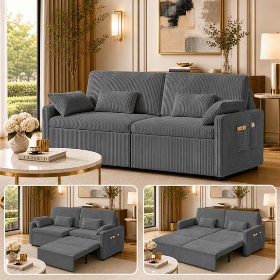 Aiho 3-in-1 Loveseat Sofa Bed with Armrest Storage, Compact Sleeper for Bedroom, Dark Gray