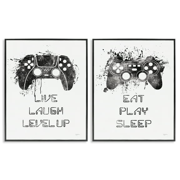 Stupell Industries Gamer Play Splash Controllers Text & Numbers Painting Black Framed Art Print Wall Art, 11 x 14, Set of 2
