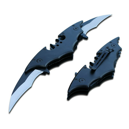 Batman Bat Folding Dual Twin Double Blade Spring Assisted 5 Colors Pocket Knife Tactical Belt Clip Black/Black