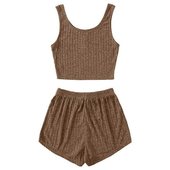 Riforla Women's Button Front Ribbed Knit Tank Top and Shorts Pajama Set Sleepwear Sets 2 Piece Sets Women Outfit Brown M