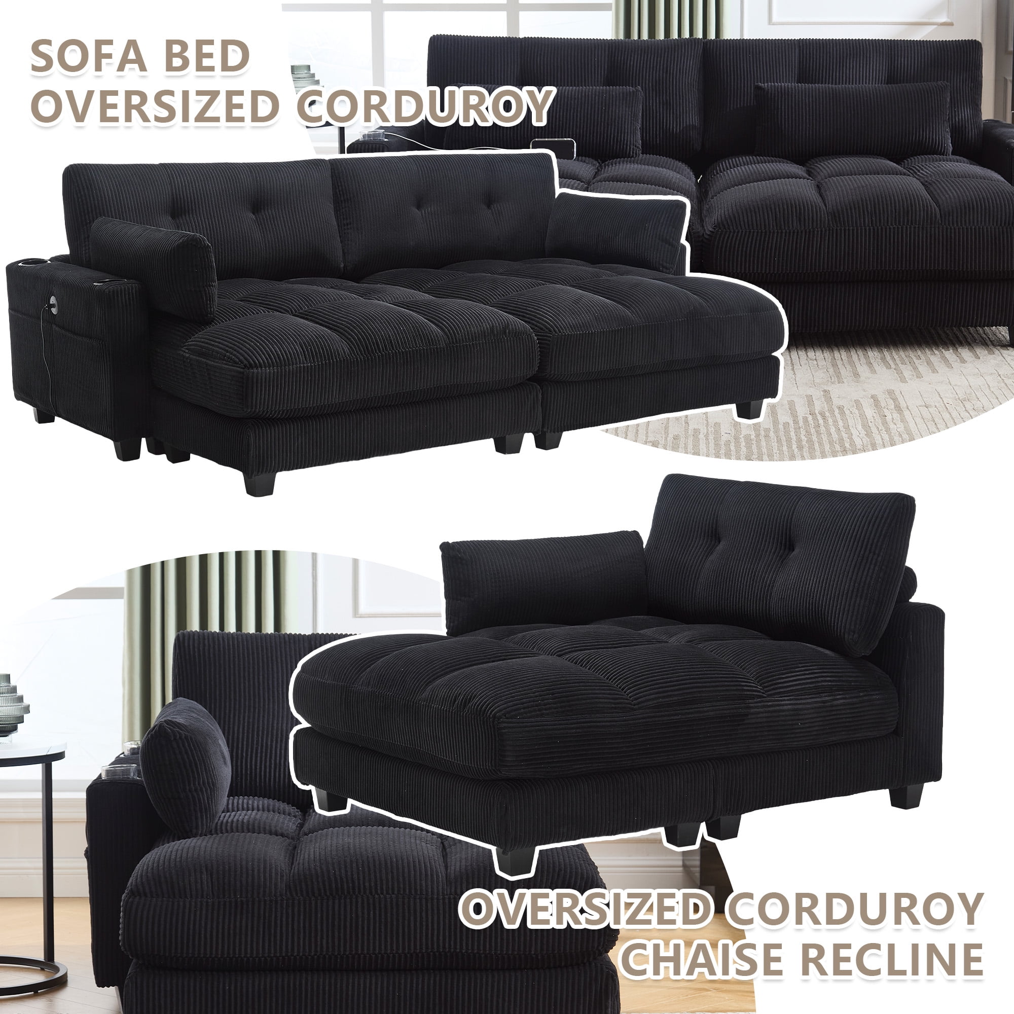 MOONMISS Corduroy Upholstered Soft Deep Seat Sleeper Loveseats Sofa with USB,Type-C&Cup Holders-Black