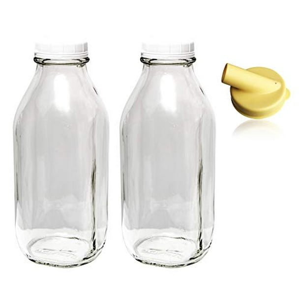The Dairy Shoppe Heavy Glass Milk Bottles 33.8 Oz Jugs with Extra Lids & NEW Pour Spout! (2, 33.