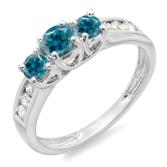 Dazzlingrock Collection 0.90 Carat (ctw) 10K Round Cut Blue & White Diamond 3 Stone Engagement Bridal Ring, White Gold, Size 6