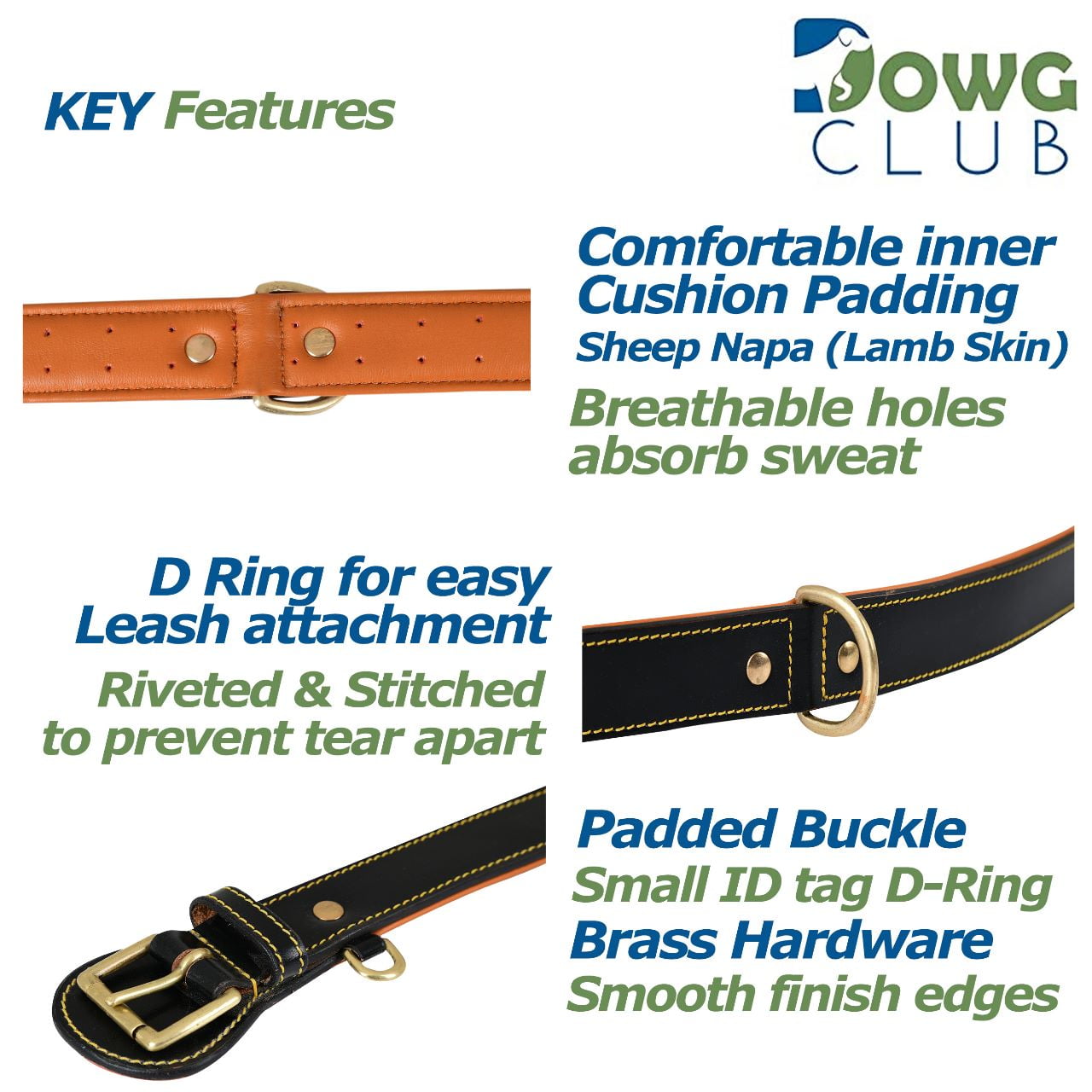 DowgClub Genuine Leather Dog Collar, Padded & Comfortable, Breathable Cushion, Heavy Duty, Handmade, Black (Medium)