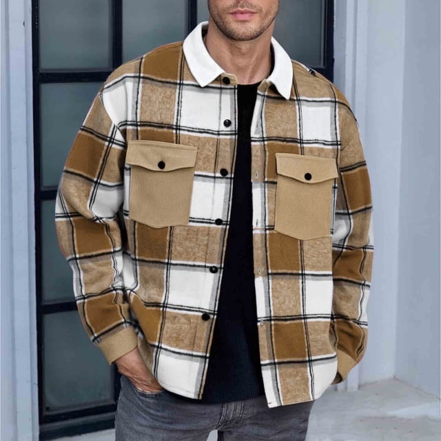 Ceisia Retro Warm Men's Loose Fit Contrast Plaid Wool-Blend Shacket Gift