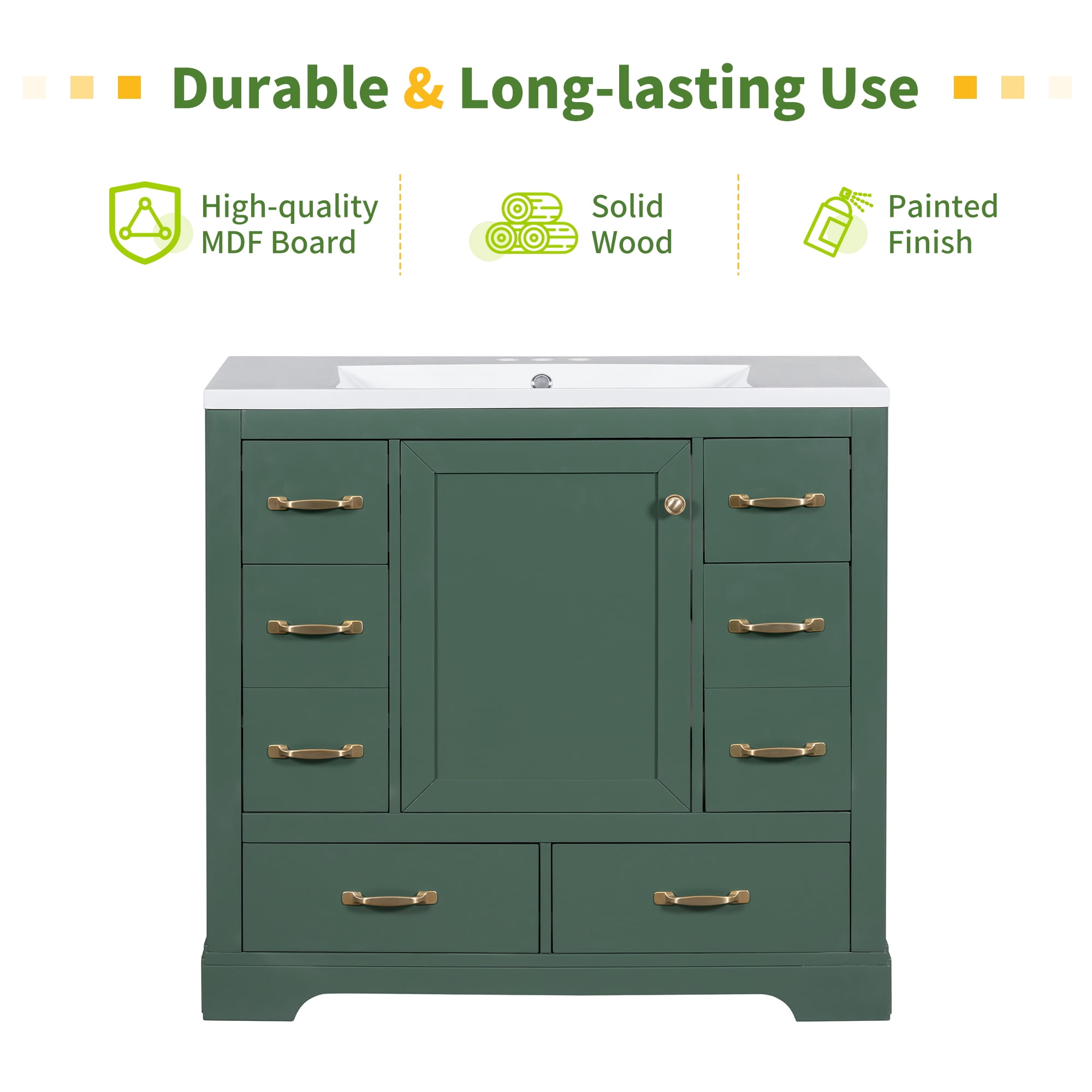 Euroco 36" Bathroom Vanity without Sink, Cabinet Base Only, Six Drawers, Multi-Functional Drawer Divider, Adjustable Shelf, Green
