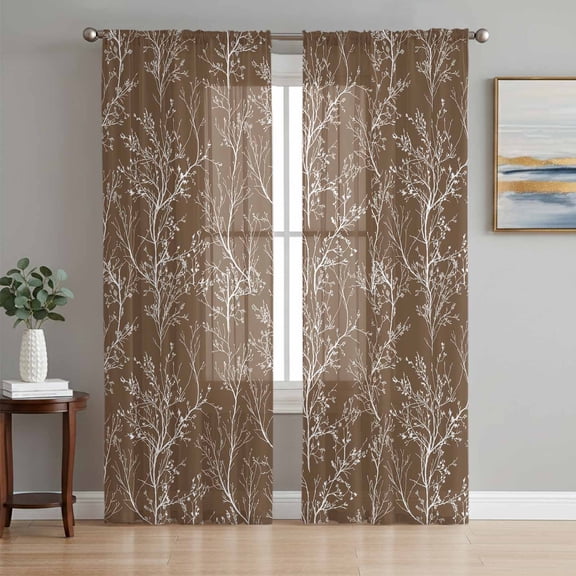 Brown Botanical Semi Sheer Curtains 72 Inch Length 2 Panels Set, Vintage Floral Plants Branch Sheer Kitchen Curtain Privacy Voile Window Curtain for Living Room Bedroom Rod Pocket Drapes