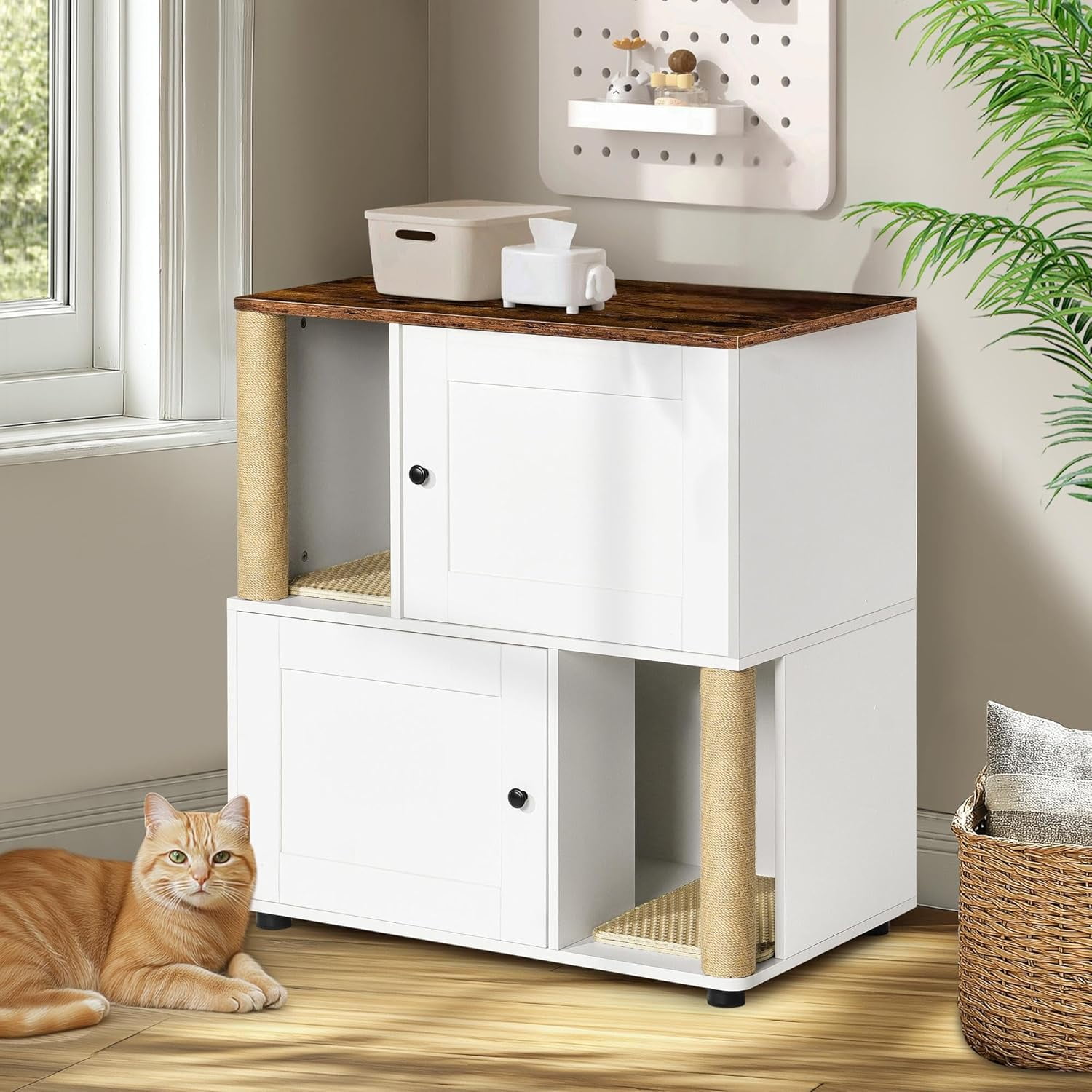 Double Cat Litter Box Enclouse, Litter Box Enclosure for 2 Cats, Cat Litter Cabinet Double Room with Scratch Post and Litter Mat, Fit Most of Litter Boxes