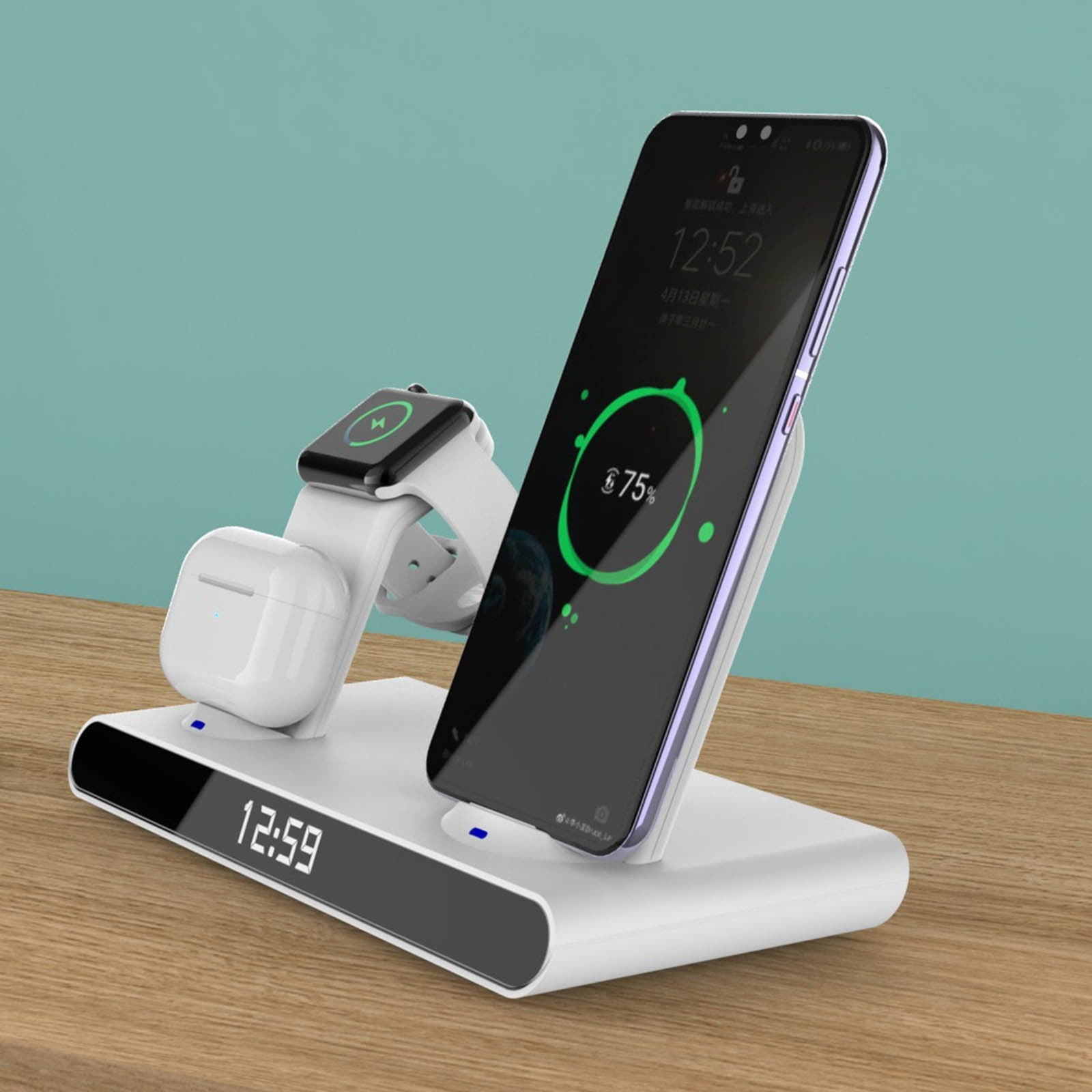 Clock 15W 3 in 1 Vertical Wireless Charger Suitable for Mobile Phone Watch Headset 3 in 1, Phone Holder
