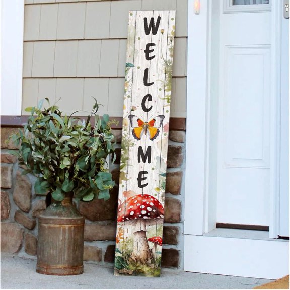 Vertical Welcome Mushroom Porch Sign, Spring Collection Porch Signs, 8x46 Wooden Signs