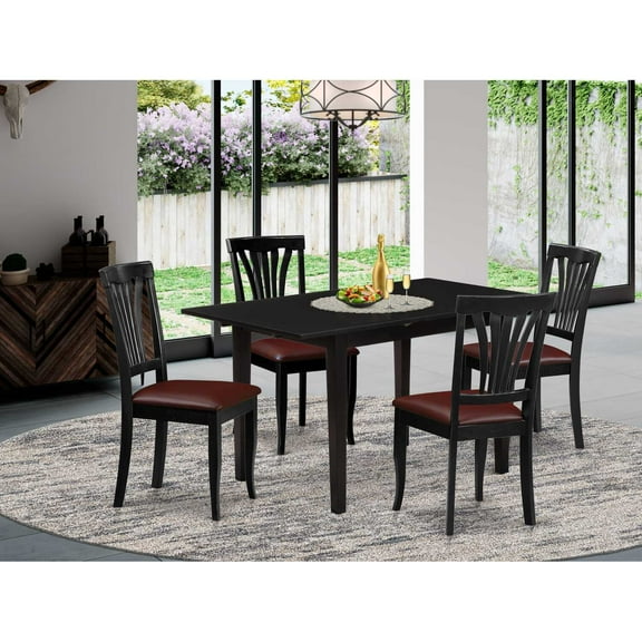 East West Furniture NOAV5-BLK-LC 5-Pc Dining Room Table Set 4 Wooden Dining Chairs with Slatted Back and a Faux Leather Seat and Mid Century Butterfly Leaf Dining Table with Rectangular Top and 4...