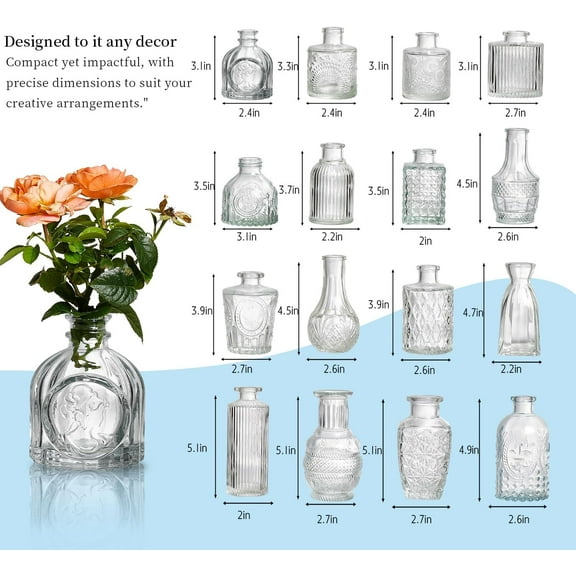 Glass Bud Vases Set of 32 - Assorted Vintage Clear Mini Crystal Vases for Flowers, Wedding Centerpieces, Home Table Decor