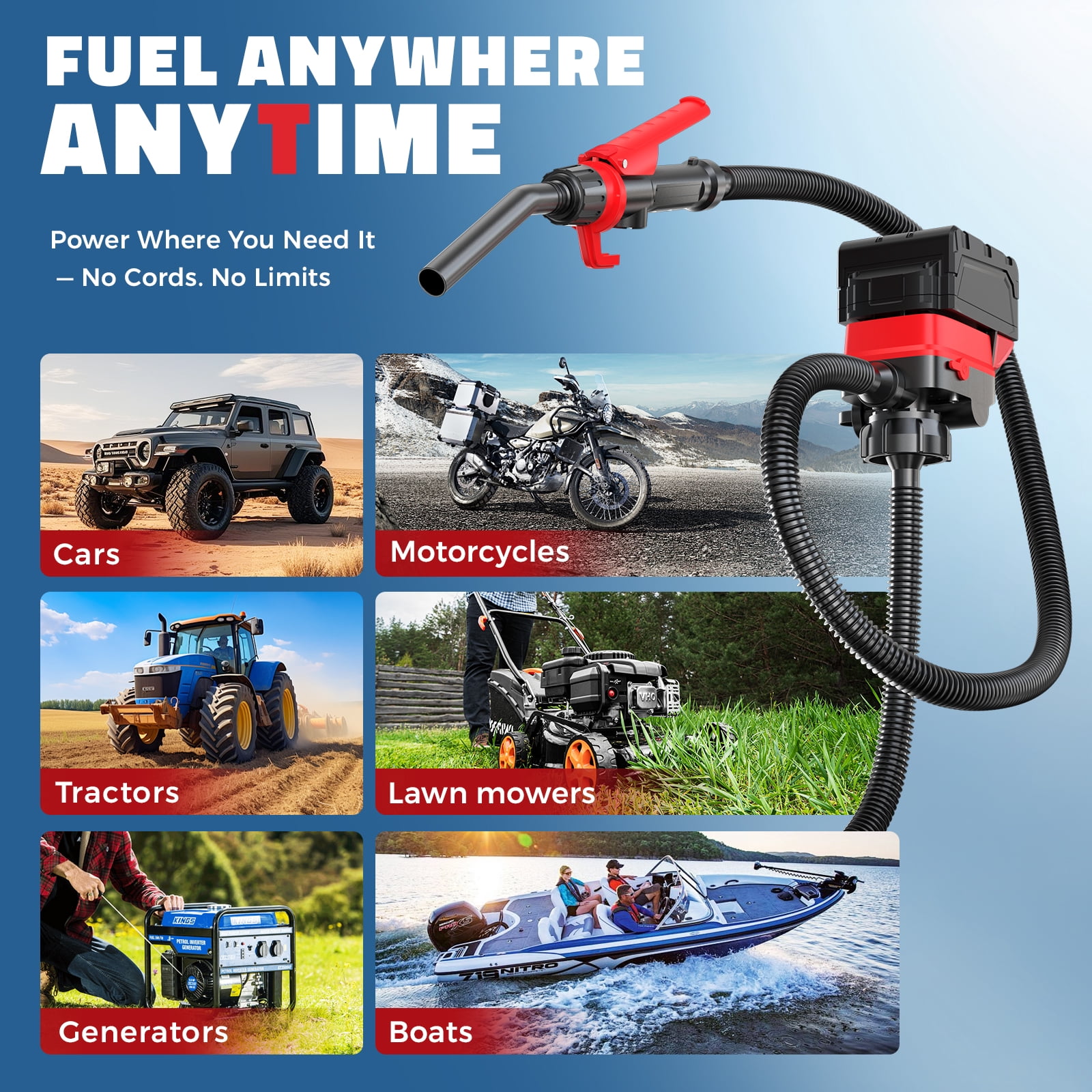 Cordless Fuel Transfer Pump Compatible with DeWalt 20V & Milwaukee 18V Batteries, 3.2 GPM Portable Fuel Pump with 51'' Hose and 3 Adapters(Bare Tool)