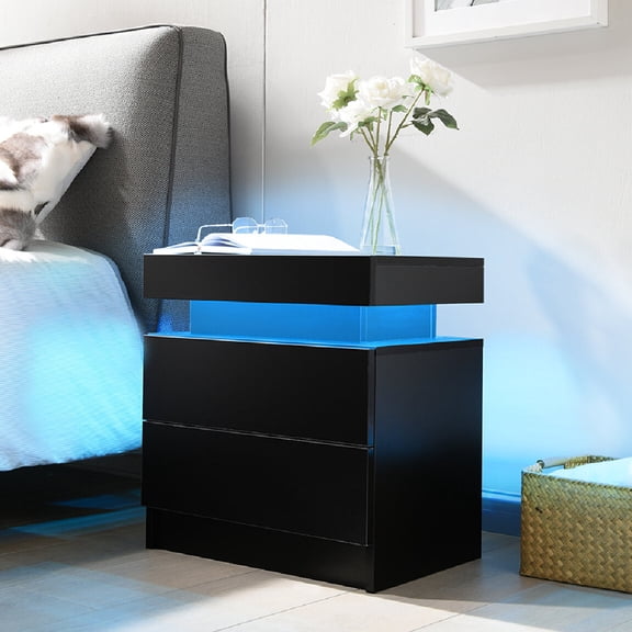 Nightstand for Bedroom Nightstand LED Bedside Table Cabinet Lights Modern End Side with 2 Drawers for Bedroom (Black),Wooden Nightstand