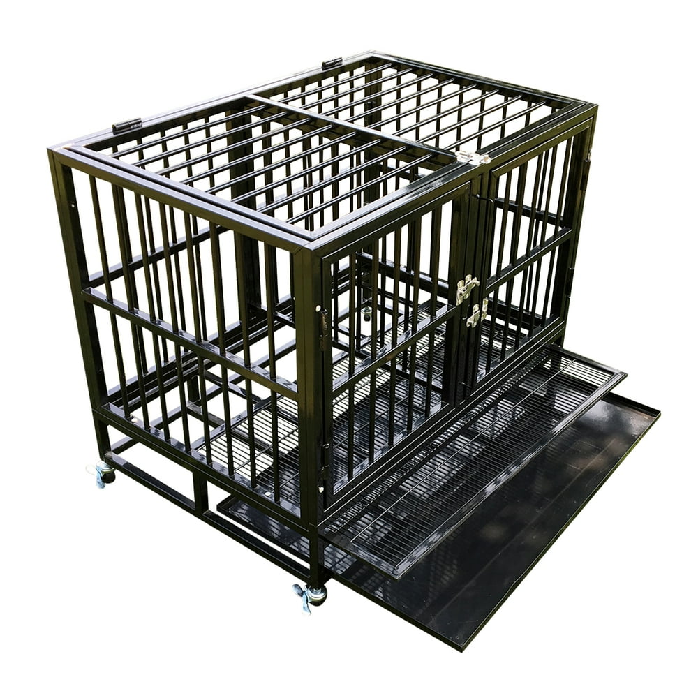 37" Medium Heavy Duty Dog Pet Playpen Crate Kennel Metal Cage Portable with Tray & Wheels