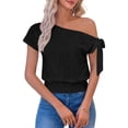 thumbnail image 5 of RRMuAzgs Crochet Knit Top for Women Ruffle Solid Color Off the Shoulder Blouses Summer Beach Vacation Clothes, 5 of 9