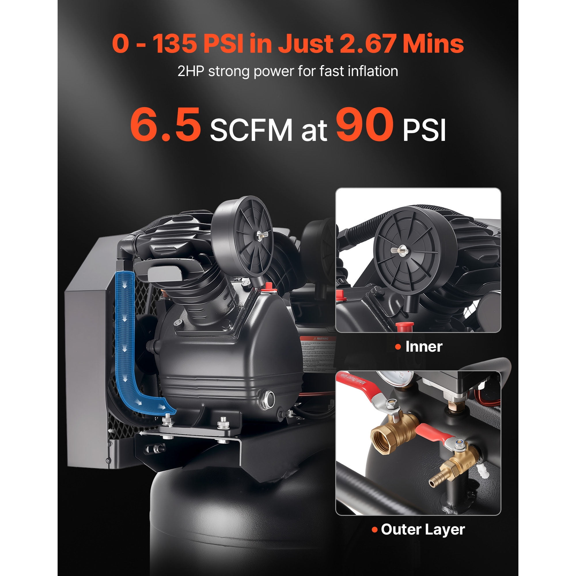 KFFKFF 20-Gallon Air Compressor, 2HP, 6.5SCFM at 90PSI, Max 135PSI Oil-Lubricated Tank, Portable Design with Wheels for Auto Repair, Tire Inflation, Painting, and Woodworking, 120V