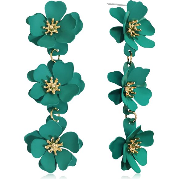 shiyou-Elegant Bohemian Matte Tiered Triple Flower Dangle Drop Earrings Chic Charm Cute Long Floral Stud Earrings for Women Girls Statement Jewelry Gifts