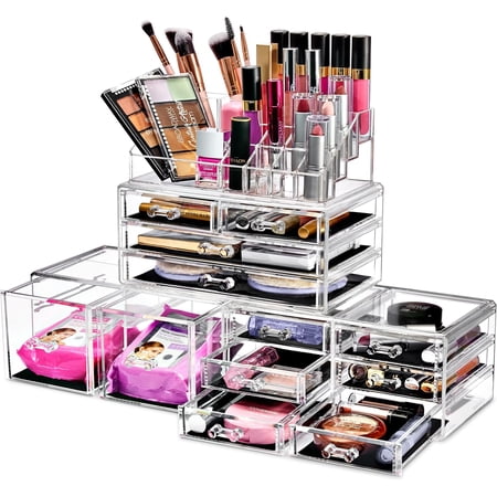 WLTER Large Makeup Organizer - Clear Stackable Jewelry Makeup Organizer for Vanity  Bathroom Storage Display Case - 12 Drawers Cosmetic Beauty Organizers and Storage with Lipstick Makeup Brush Holder