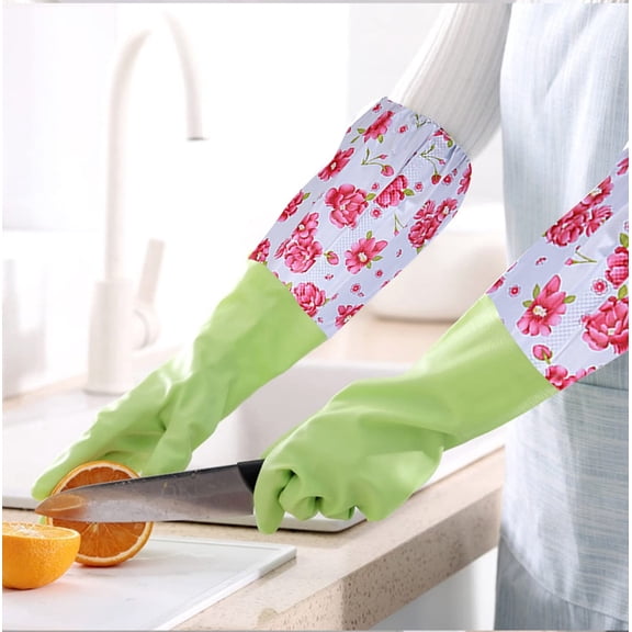 Veeogra Rubber Latex Waterproof Dishwashing Gloves,1 Pair Medium Long Cuff Flock Lining Household Cleaning Gloves,WaterProof Medium Dishwashing Gloves Long KitchenGreen,