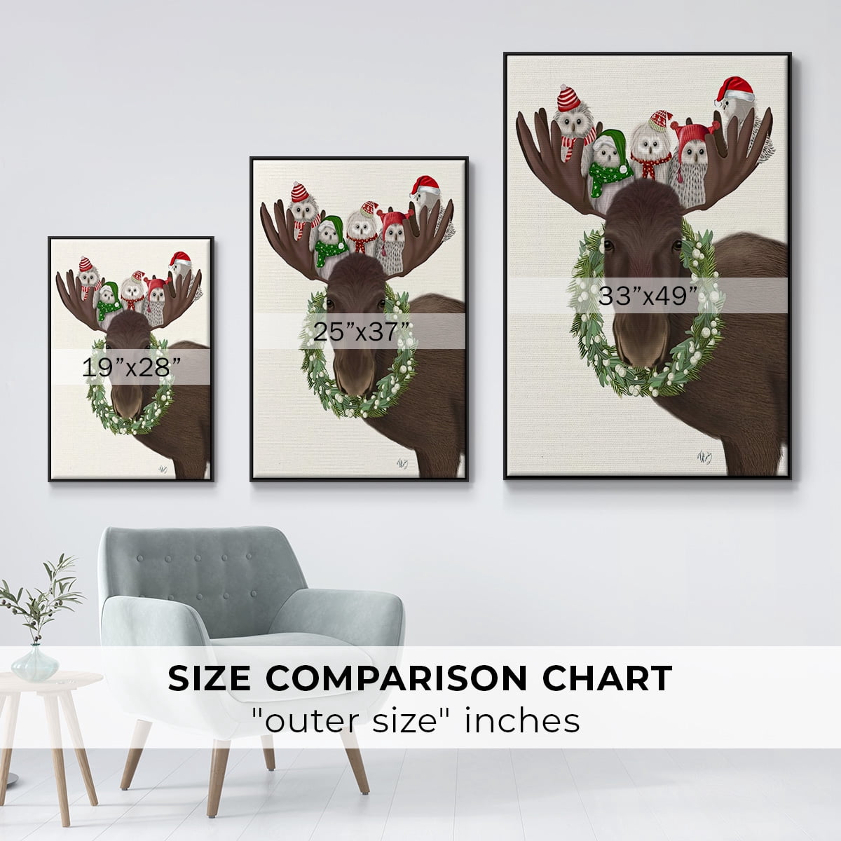 Christmas Moose and Christmas Owls - Framed Gallery Wrapped Holiday Canvas - 25 x 37 - Black Frame