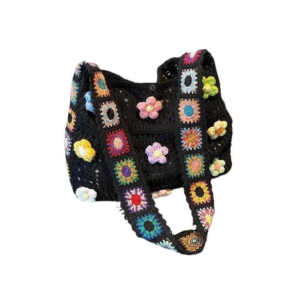 Handmade Crochet Granny Square Shoulder Tote Bag, Floral Patchwork Hollow Woven Hobo Bag, Boho Beach Shopping Crossbody Handbag,12.2*24.5 in.