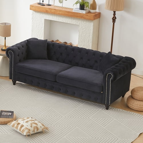 Velvet Chesterfield Sofa, 85.5" Black 3-Seater Couch with Rolled Arms, Button Tufted, Foam Cushions, Solid Wood Frame, 2 Pillows, for Living Room, Apartment, Office