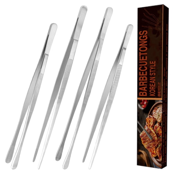 VEGCOO 4pcs Stainless Steel Kitchen Tongs Set - 10" & 12" Long Fine Tweezers Tongs (Flat & Curved Tip) - Precision Chef Plating, Grilling, Cooking, Pasta, Salad & Serving Utensils, Non-Slip & Durable