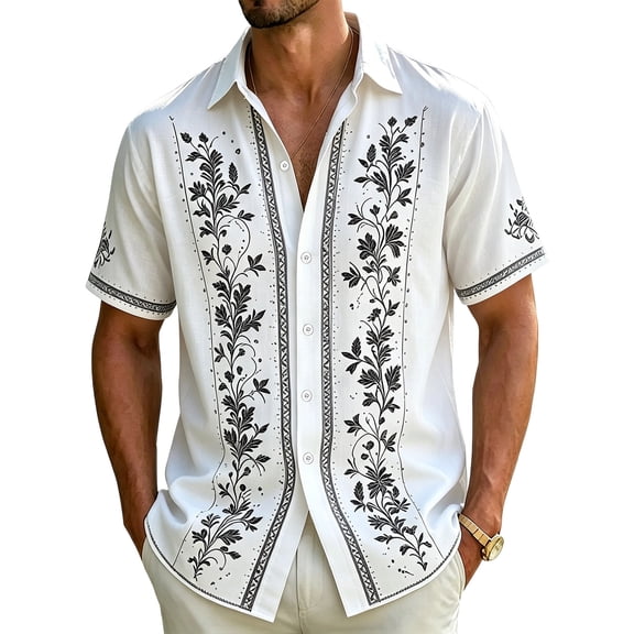 Havenx Short Sleeve Shirts for Men Button Down Collared Shirt Floral Print Top Vacation Casual Stylish Summer Beach Clothing,White XL
