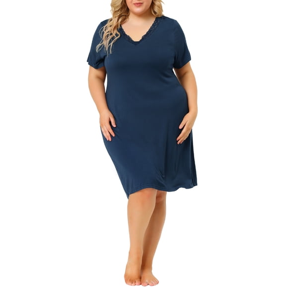 Camisón de encaje de talgrande pamujer, mancorta, cuello en V, pijama, rode dormir, vestido Azul oscuro 4X