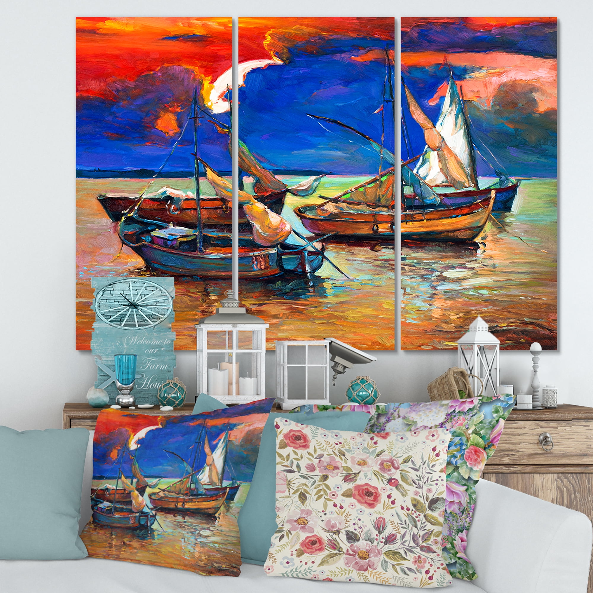 Designart ' Boats On The Water With Dark Blue Sky I ' Lake House Canvas Wall Art Print