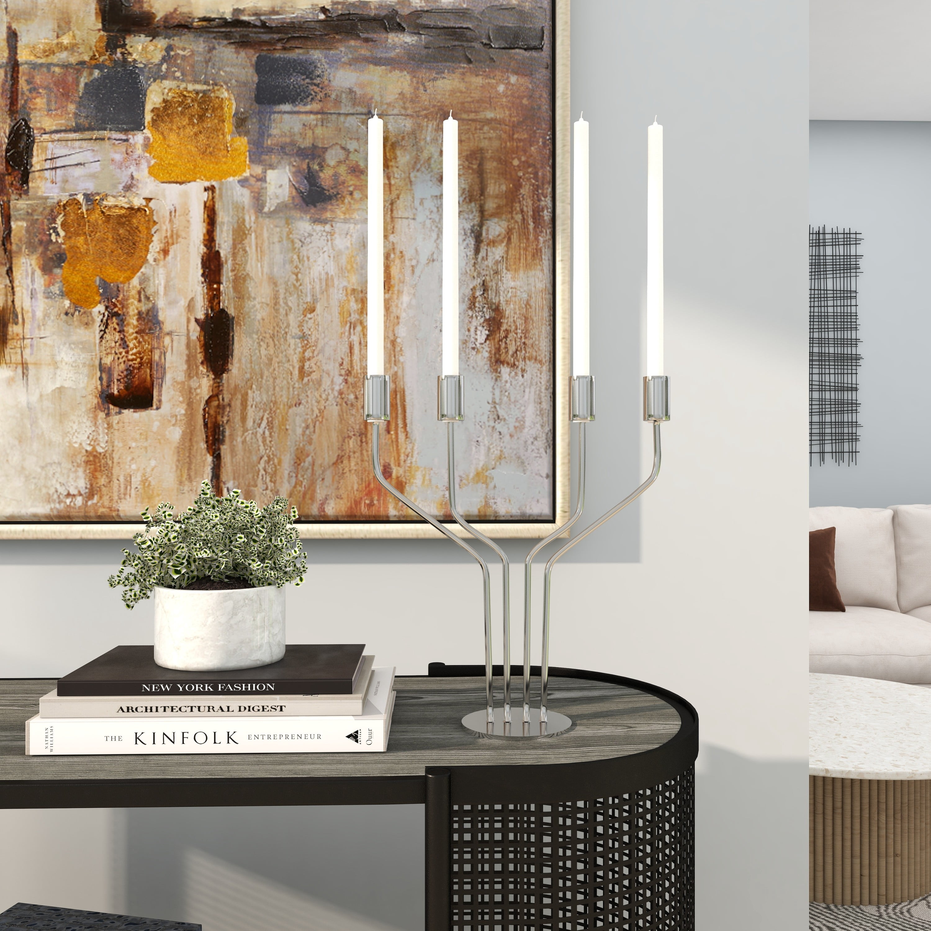 DecMode 4 Holder Silver Stainless Steel Metal Geometric Abstract Angled Candelabra with Round Base
