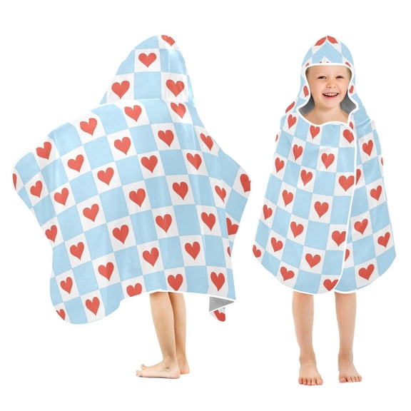 Yayeee Kids Hooded Towel with Hand Pockets Beach Soft Absorbent Bath Wrap 50 x 23.5 inch, Light Blue Checkered Heart