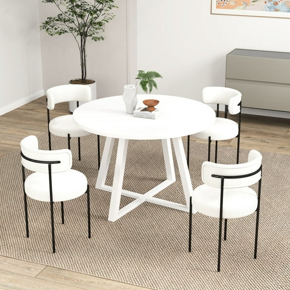4 Dining - Round Table With 4 Boucle Chairs 5 Trestle & Seats