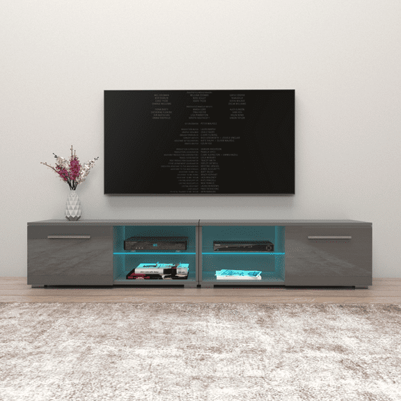 Moon TV Stand for TVs up to 90", Modern High Gloss 81" Entertainment Center, TV Media Console with Storage Cabinets and LED Lights