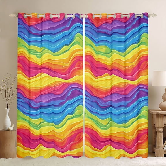 Feelyou Colorful Stripes Child Black Out Curtains, Rainbow Watercolor Curtains Pack of 2 (42x63 Each), Kawaii Cartoon Theme Bedroom Curtains, Curtains and Drapes Decor