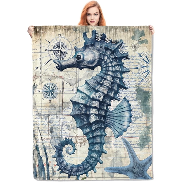 Sea Horse Blanket Vintage Ocean Animal Theme Flannel Throw Blankets Soft Warm Lightweight Cozy Plush Nautical Seahorse Throws for Bedroom Sofa Home Decor Gifts for Women Girls 50"x60"