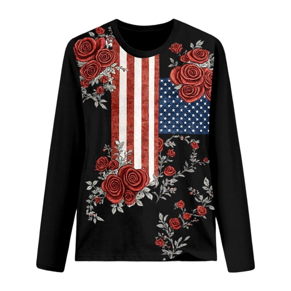 Puliio 250 Years 1776-2026 250th Birthday T-Shirt for Women's American Flag Rose Graphic Patriotic Tshirt Long Sleeve 4th of July Shirt