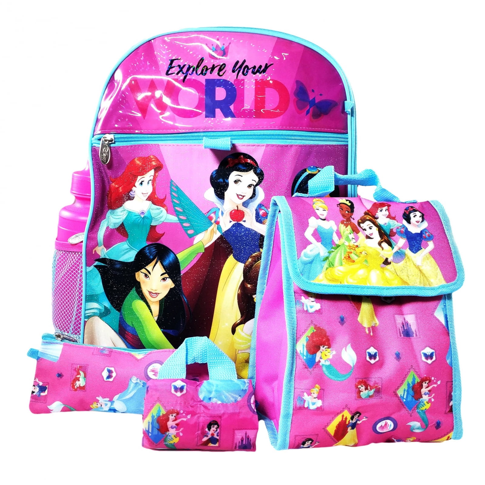Disney Princess Backpack 5pc Set Lunch Bag Pencil Pouch Water Bottle