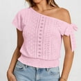 thumbnail image 4 of Lenpel Women's off One Shoulder Crop Tops Short Sleeve Tie Side Cinch Bottom Eyelet Embroidered T-Shirts Dressy Casual Tee Blouses, 4 of 7