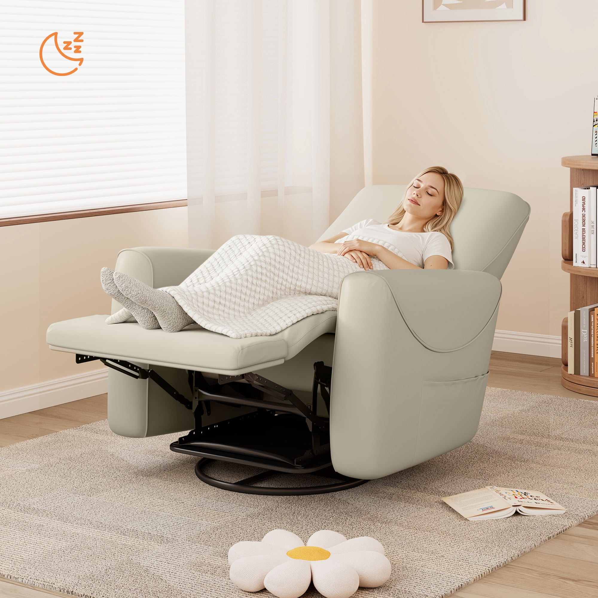 SERWALL Bluetooth Nursery Rocking Chair with 270° Swivel, Swiverl Glider Rocking Chair with USB-C Port & Speaker, Faux Leather Gray