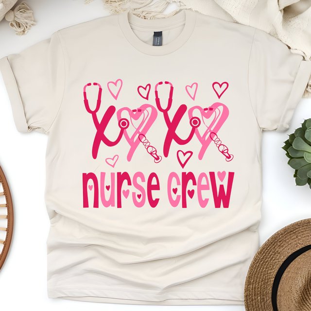 T-Shirt d'Infirmière à Col Rond avec Stéthoscope en Forme de Cœur Rose, Naturel, Taille 3TG