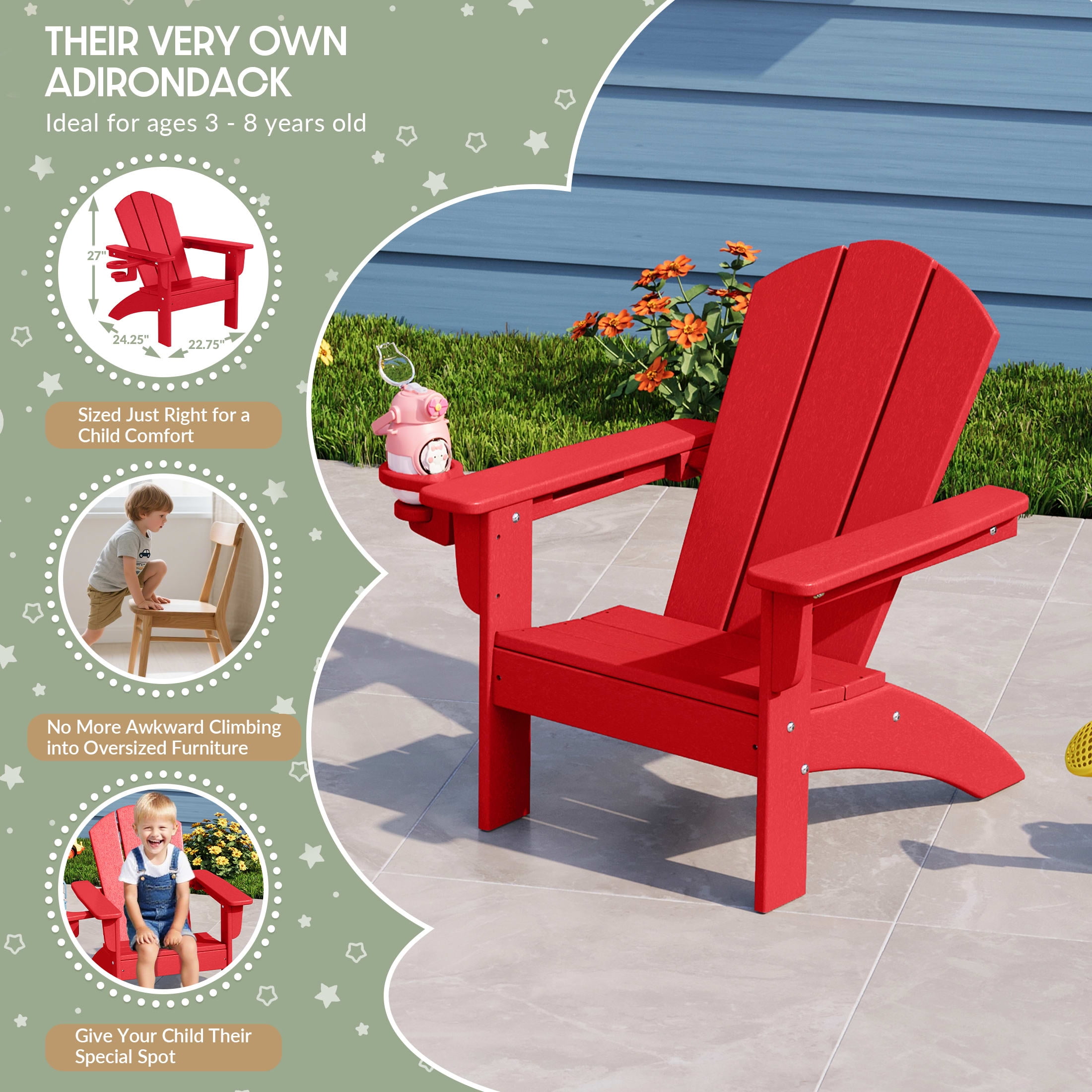 WestinTrends Malibu 3-Piece Kids HDPE Adirondack Chairs Set with Square Side Table and Cup Holders, Red