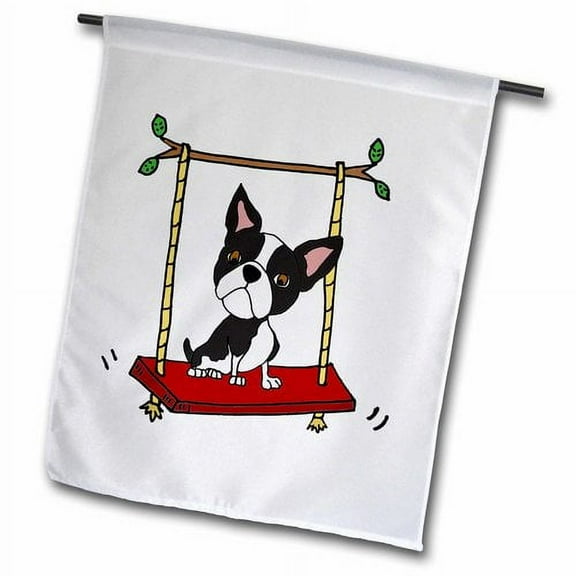 3dRose, Funny Cute Boston Terrier Dog on Swing Cartoon, 12 x 18 inch Garden Flag